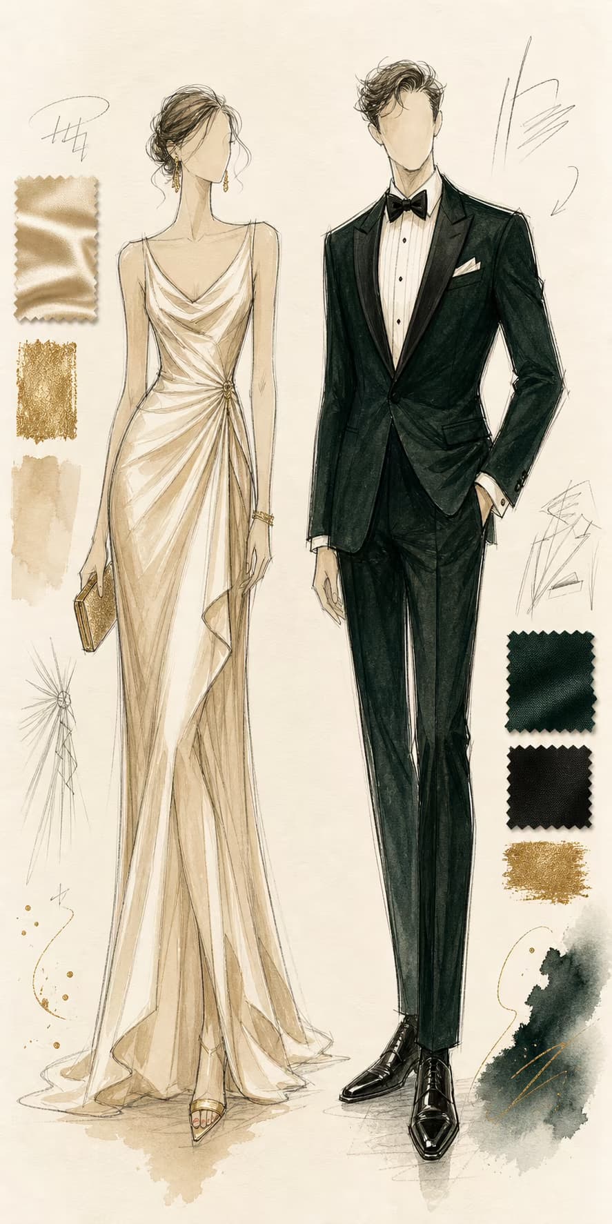 Fashion sketches of a champagne evening gown and a deep evergreen-black tuxedo for the wedding guest dress code